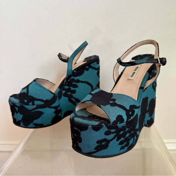 Miu Miu Brocade Platform Wedge Sandals 37 - Picture 2 of 7